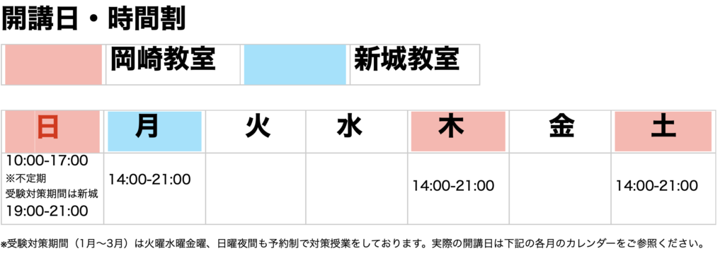 岡崎教室・新城教室タイムテーブル